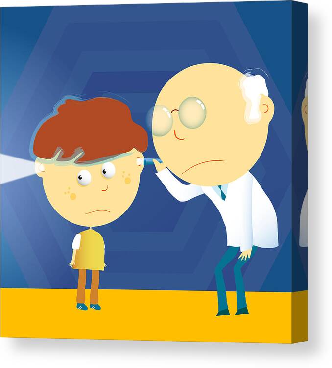 Child Canvas Print featuring the drawing Male doctor looking through a boy's ears with a flashlight by Fotosearch