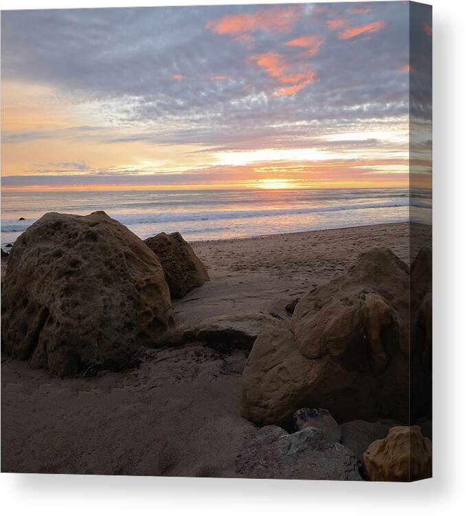 Beach Canvas Print featuring the photograph Malibu Sunset Between the Rocks by Matthew DeGrushe