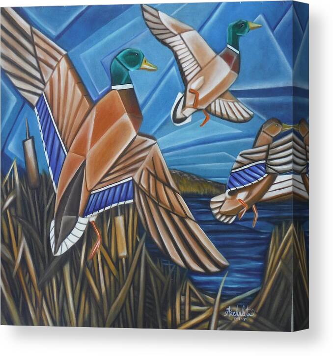 Mallard Ducks Canvas Print featuring the painting Heading South for the Winter by Ruben Archuleta - Art Gallery