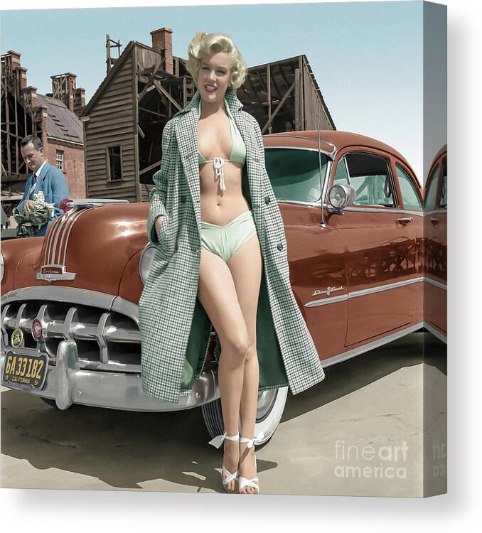 Marilyn Monroe Pinup Sexy Girl California Movies Vintage 1950s Pontiac Hollywood Cars Blond Famous Portrait Fantasy Full Colors  Canvas Print featuring the photograph Marilyn and the Pontiac by Franchi Torres