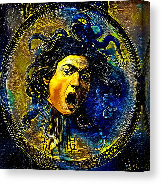 Medusa Canvas Print featuring the digital art Medusa by Caravaggio - starry blue with yellow digital recreation by Nicko Prints
