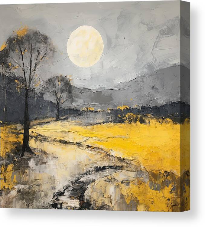Yellow Canvas Print featuring the painting Modern Impressionist Landscapes - Bright Yellow and Dark Gray by Lourry Legarde