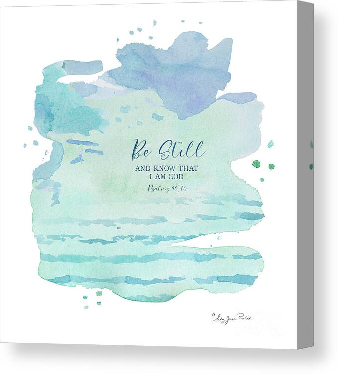 Modern Canvas Print featuring the painting Modern Abstract Watercolor Wash Be Still and Know That I Am God Mint Aqua Blue Purple by Audrey Jeanne Roberts