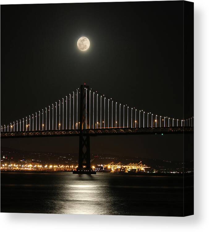  Canvas Print featuring the photograph Moon Over Bay Lights by Louis Raphael