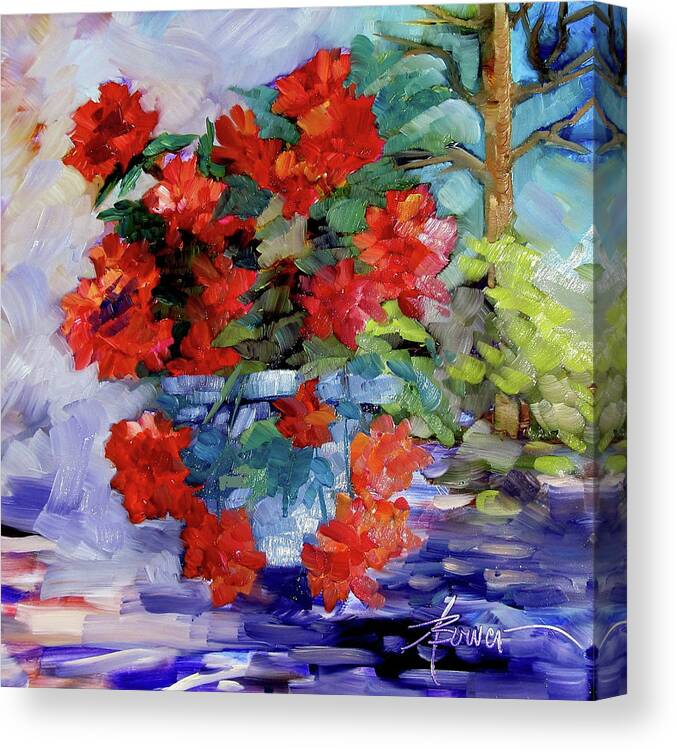 Geraniums Canvas Print featuring the painting Morning Patterns by Adele Bower