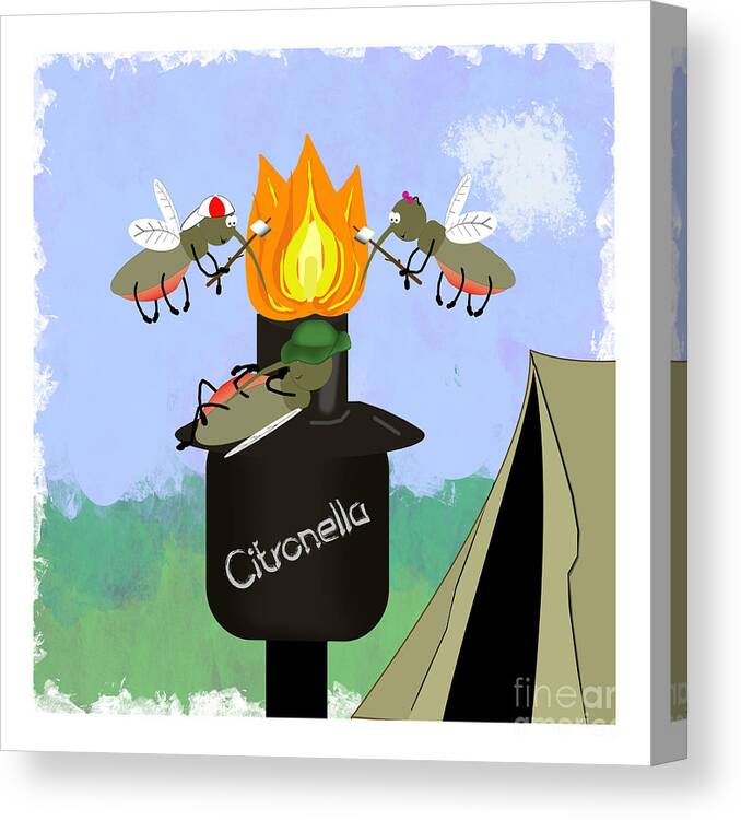 Mosquitoes Canvas Print featuring the digital art Mosquito Family Camping by Tiki Torch Cartoon by Colleen Cornelius