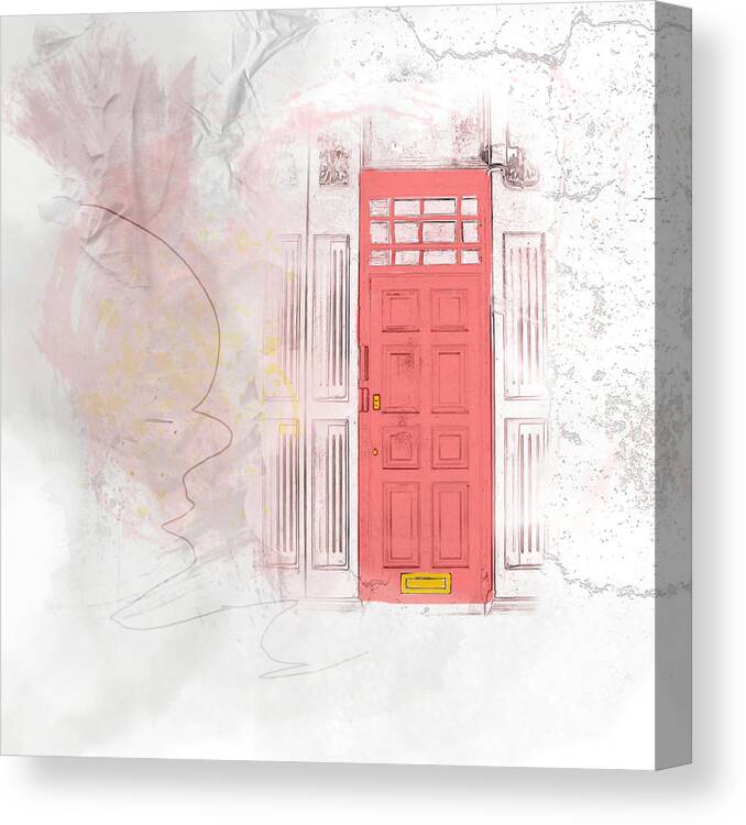 Red Canvas Print featuring the mixed media Mysterious Red Door by Moira Law