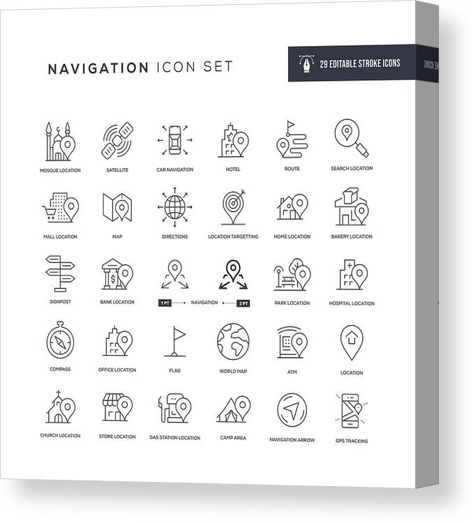 Globe Canvas Print featuring the drawing Navigation Editable Stroke Line Icons by Enis Aksoy