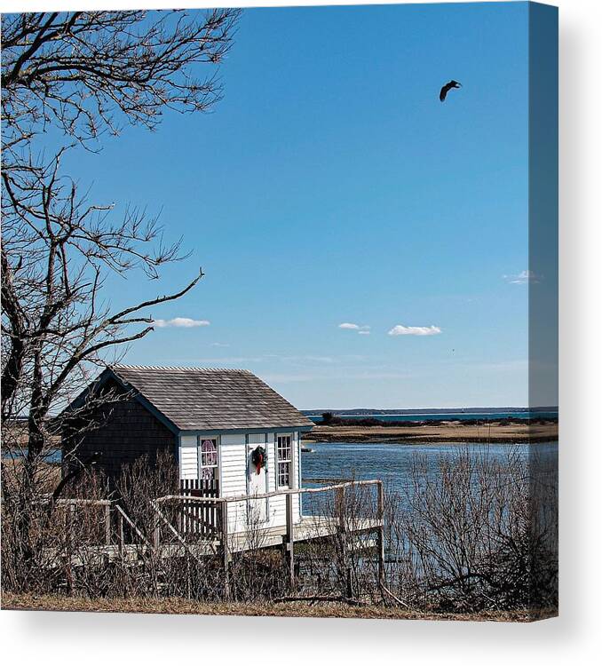 Shack House Water Bird Pond Lake Porch Canvas Print featuring the photograph North Fork shack1 by John Linnemeyer