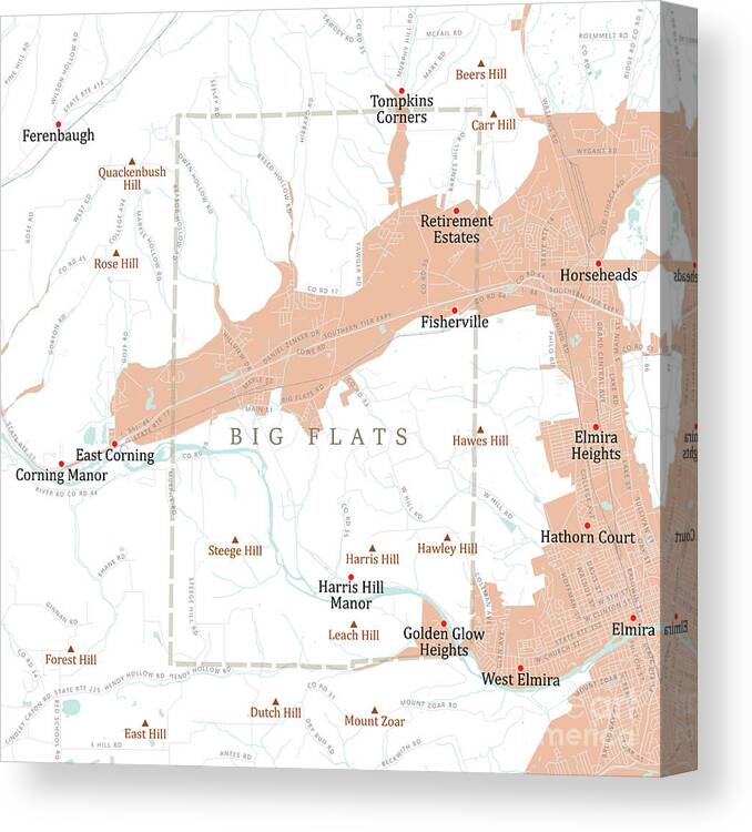 New York State Canvas Print featuring the digital art NY Chemung Big Flats Vector Road Map by Frank Ramspott