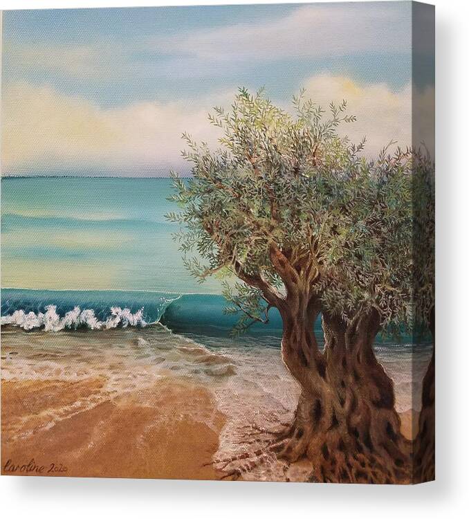 Seascape Oil Olive Tree Sky Blue Canvas Water Canvas Print featuring the painting Olive and Sea 3 by Caroline Philp