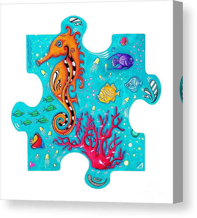 Seahorse Puzzle Piece Canvas Print featuring the painting Original Handpaited Wooden Seahorse Puzzle Pieces Under the Water Art for Never Ending Story Puzzle by Megan Aroon
