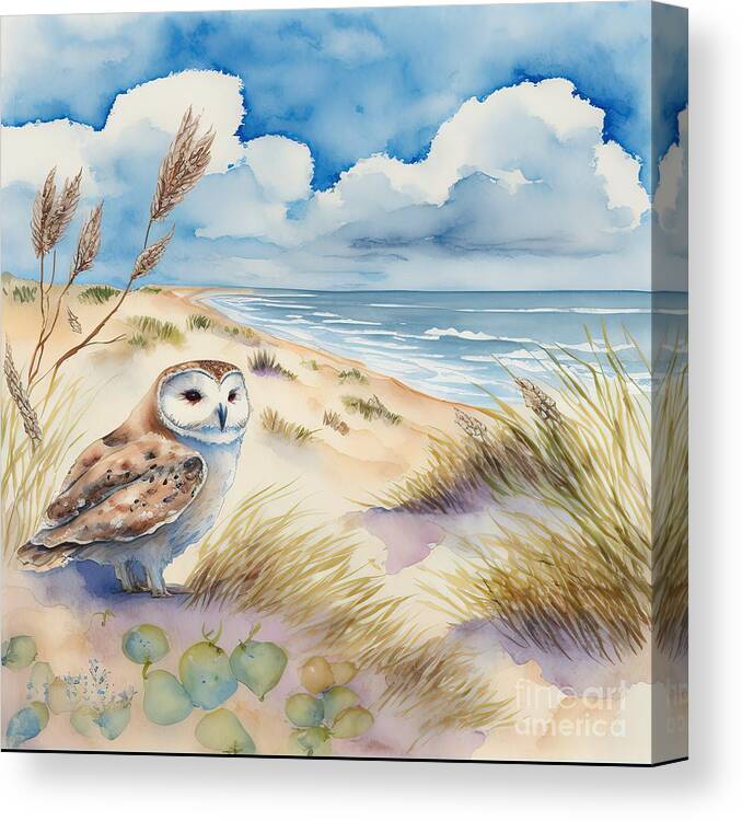 Animal Canvas Print featuring the painting Owl At Beach by N Akkash