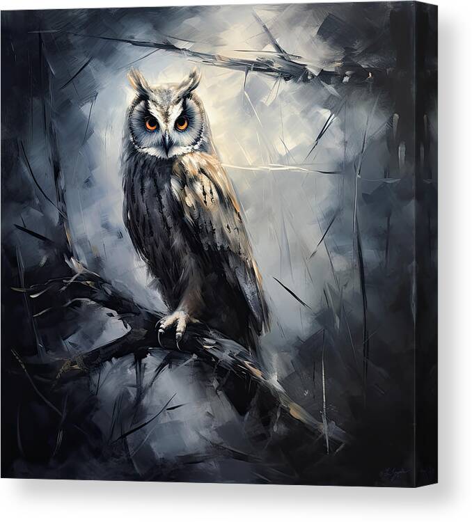 Owl Canvas Print featuring the painting Owl's Watch - Mysterious Owl Art by Lourry Legarde