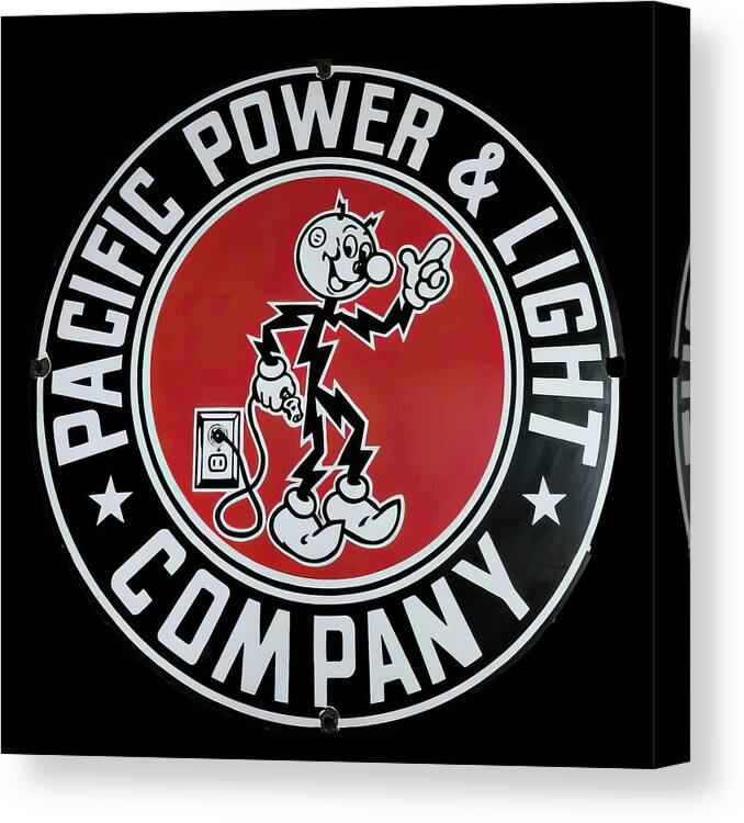 Pacific Power Canvas Print featuring the photograph Pacific power and light vintage sign by Flees Photos