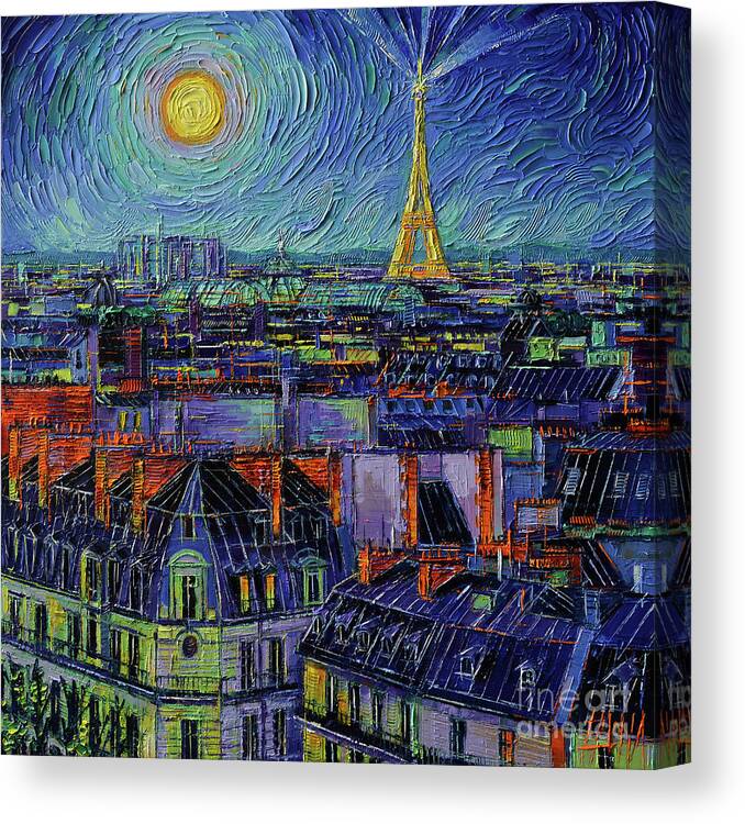 Paris View In Moonlight Canvas Print featuring the painting PARIS VIEW IN MOONLIGHT textured palette knife oil painting on 3D canvas by Mona Edulesco