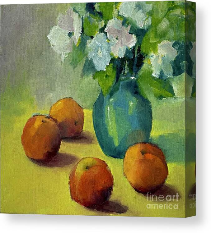 Peaches Canvas Print featuring the painting Peaches with Vase by Michelle Abrams