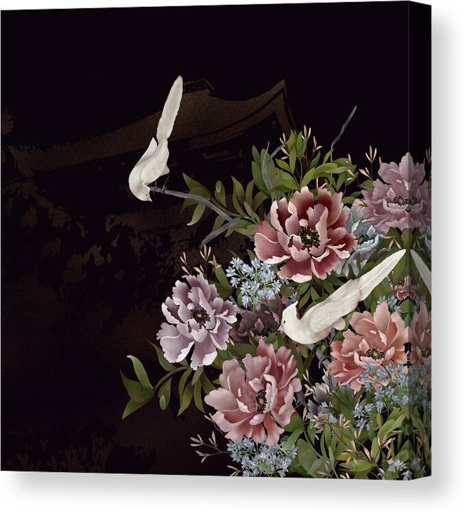 Chinoiserie Canvas Print featuring the digital art Peonies and Birds Glitter Temple Chinoiserie by Sand And Chi