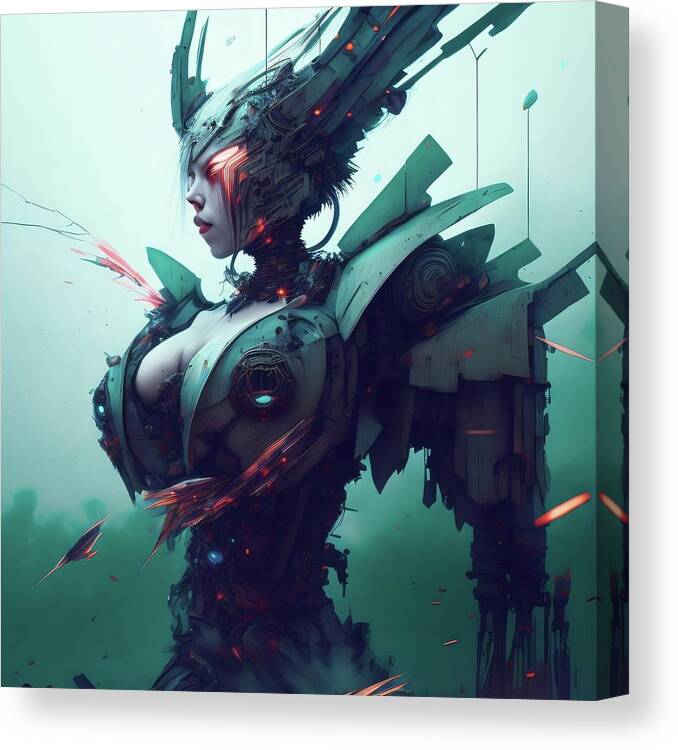 Tricky Woo Weird Surreal Fantasy Cosplayer Cyberpunk Cyborg Anime Mech Mecha Fog Mist Pharrah Canvas Print featuring the digital art Pharrah by Tricky Woo