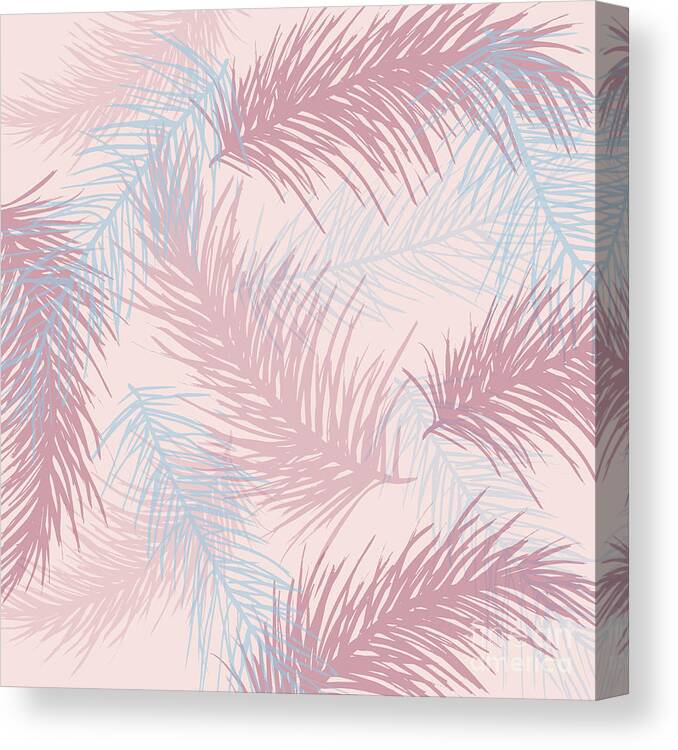 Pink Canvas Print featuring the painting Pink and Blue Palm Tree Leaves Surface Pattern Design Original Mixed Media Art by Megan Aroon