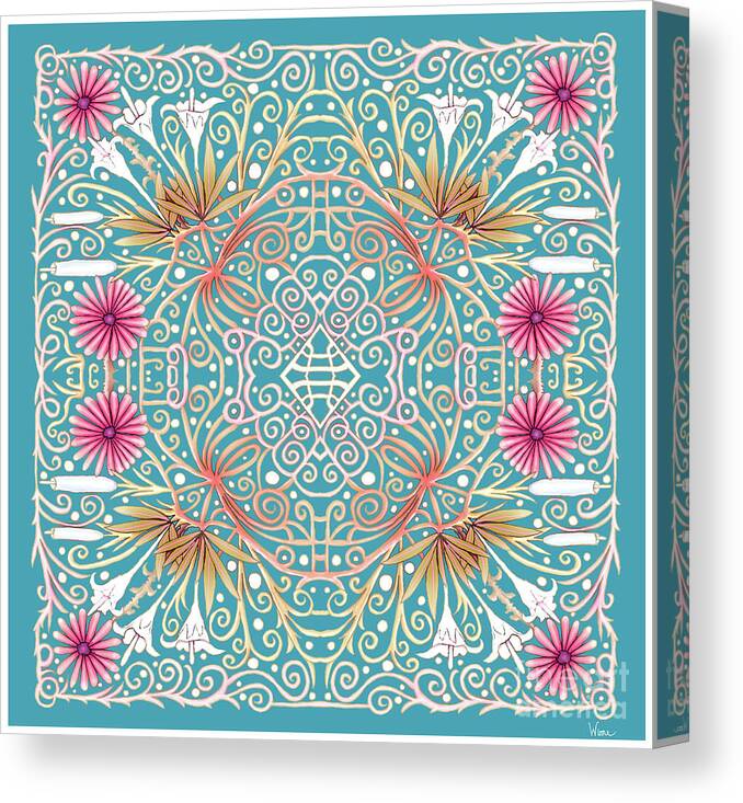 Lise Winne Canvas Print featuring the mixed media Pink and White Flowers Intertwined Into a Lace and Turquoise Background by Lise Winne