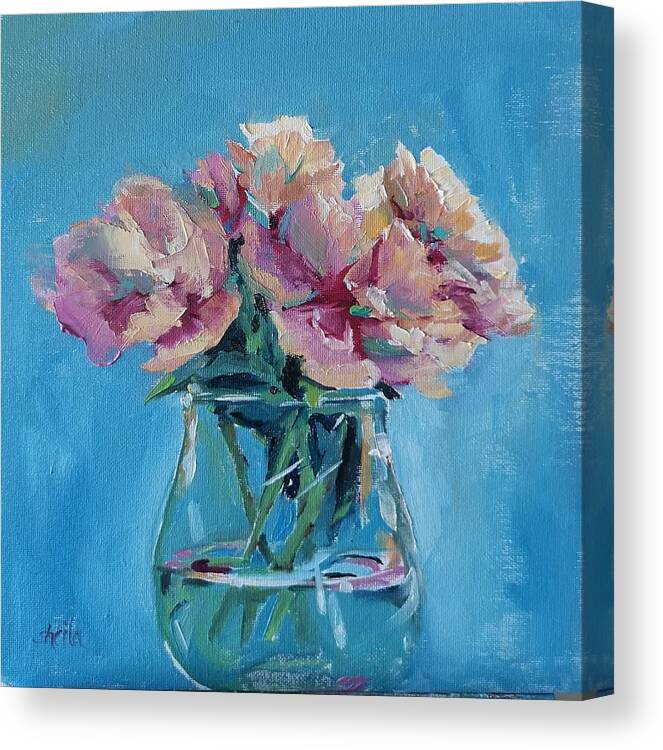 Pink Canvas Print featuring the painting Pink Flowers with Blue by Sheila Romard