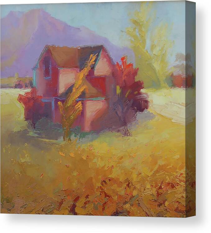 Landscape Canvas Print featuring the painting Pink House Yellow by Cathy Locke