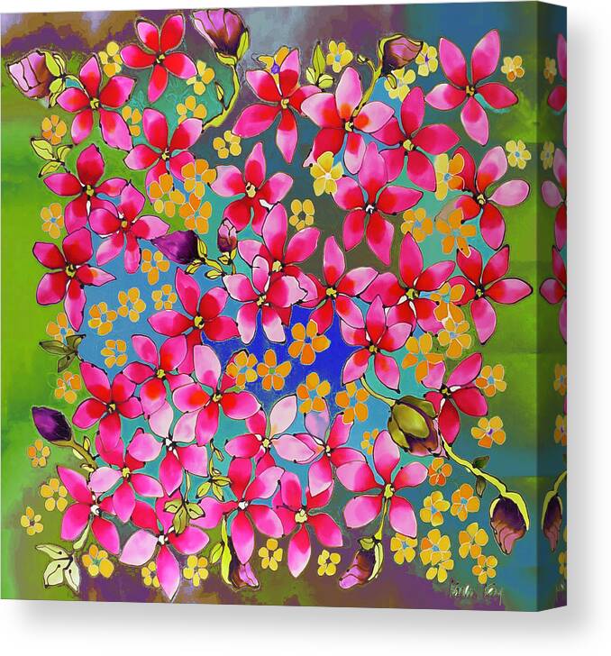Karla Kay Art Canvas Print featuring the painting Pink magnolia on green hues by Karla Kay Benjamin