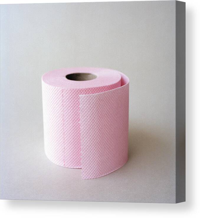 Domestic Room Canvas Print featuring the photograph Pink toilet paper on a grey background. by Johan Odmann, Johner