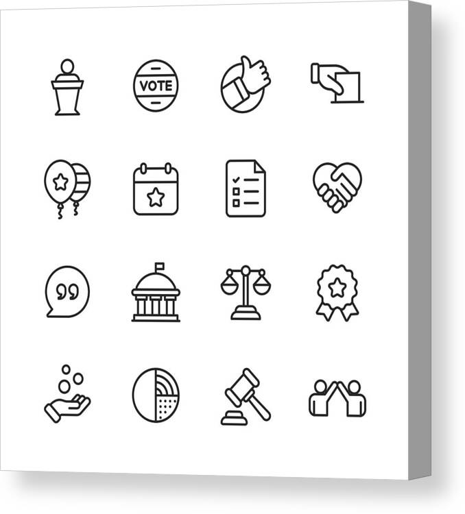 Employment And Labor Canvas Print featuring the drawing Politics Line Icons. Editable Stroke. Pixel Perfect. For Mobile and Web. Contains such icons as Voting, Campaign, Candidate, President, Handshake, Law, Donation, Government, Congress. by Rambo182