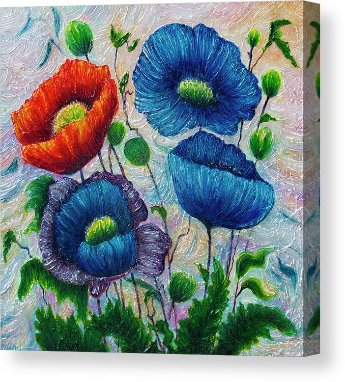 Palette Knife Canvas Print featuring the painting Poppy Dream in Blue and Red by OLena Art by Lena Owens - Vibrant DESIGN