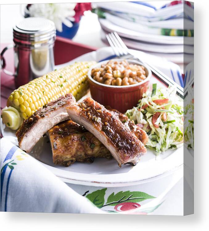 Sparerib Canvas Print featuring the photograph Pork rib dinner with corn and beans by Manny Rodriguez