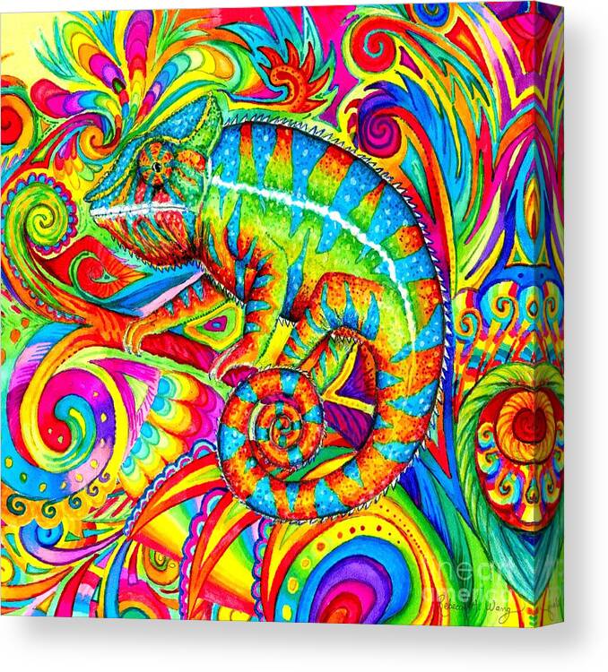 Chameleon Canvas Print featuring the drawing Psychedelizard - Psychedelic Rainbow Chameleon by Rebecca Wang