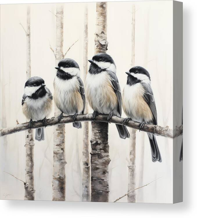 Chickadee Canvas Print featuring the painting Quiet Companions by Lourry Legarde