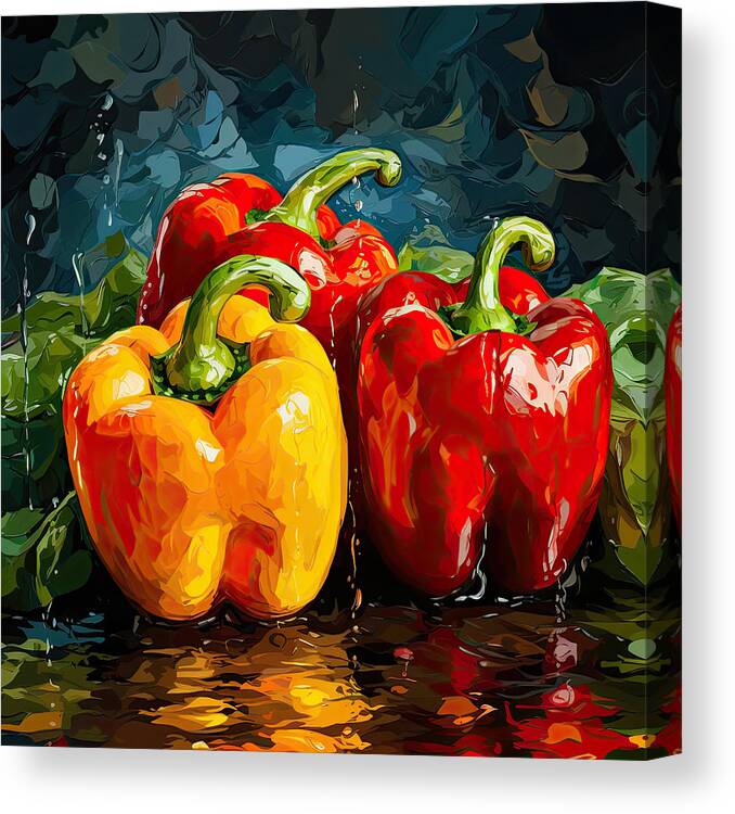 Bell Peppers Canvas Print featuring the digital art Red and Yellow Bell Peppers Art by Lourry Legarde
