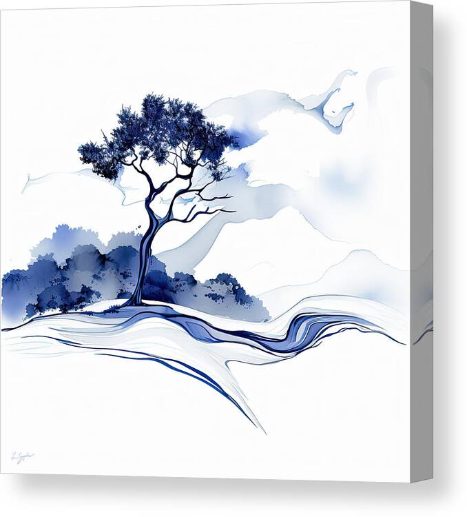 Blue Mid-century Modern Art Canvas Print featuring the painting Resilient Tree - Blue and White Minimalist Art by Lourry Legarde