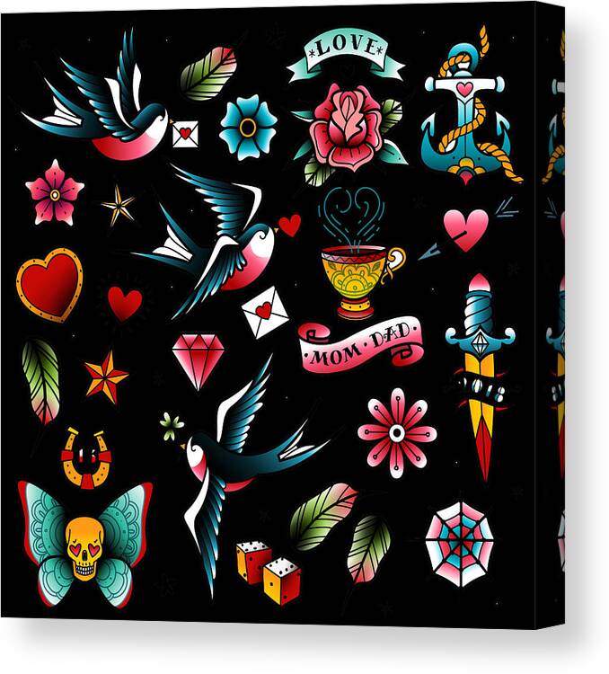 Smile Canvas Print featuring the painting Retro Vintage Tattoos by Tony Rubino