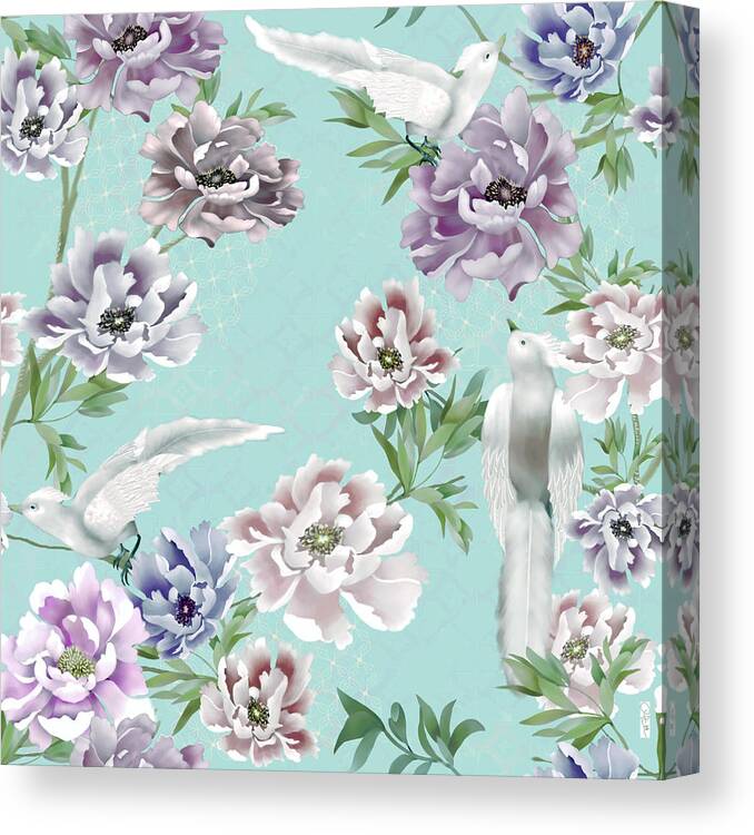 Peony Canvas Print featuring the digital art Robin's Egg Blue Chinoiserie Peonies and Royal Birds by Sand And Chi