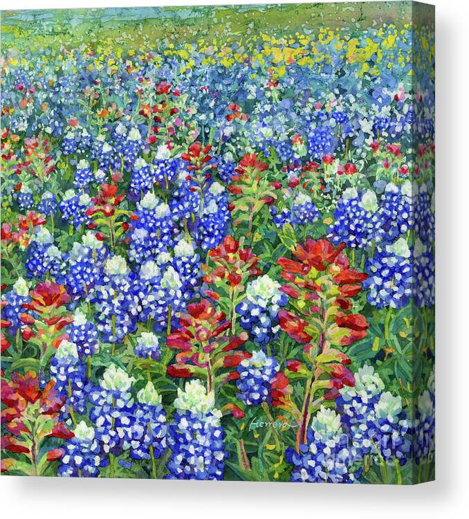 Wild Flower Canvas Print featuring the painting Rolling Hills of Wildflowers - Bluebonnet and Indian Paintbrush 1 by Hailey E Herrera