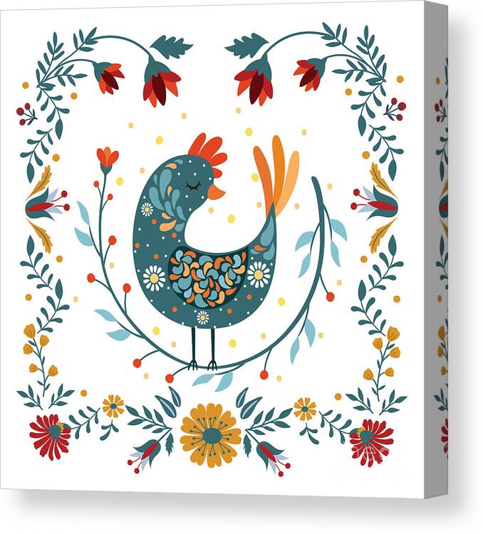 Cartoon Canvas Print featuring the drawing Rooster bird folk art, Scandinavian folk floral ornate frame by Mounir Khalfouf