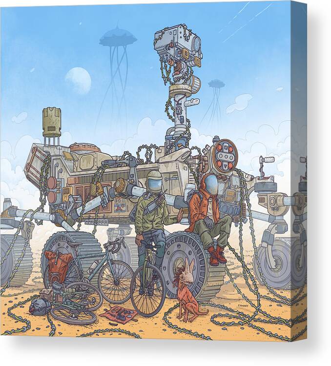  Canvas Print featuring the digital art Rover Ruins Ride - w/ Helmets by EvanArt - Evan Miller