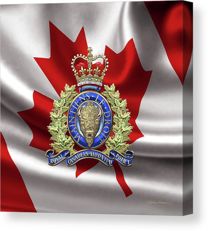 'insignia & Heraldry' Collection By Serge Averbukh Canvas Print featuring the digital art Royal Canadian Mounted Police - R C M P Badge over Canadian Flag by Serge Averbukh