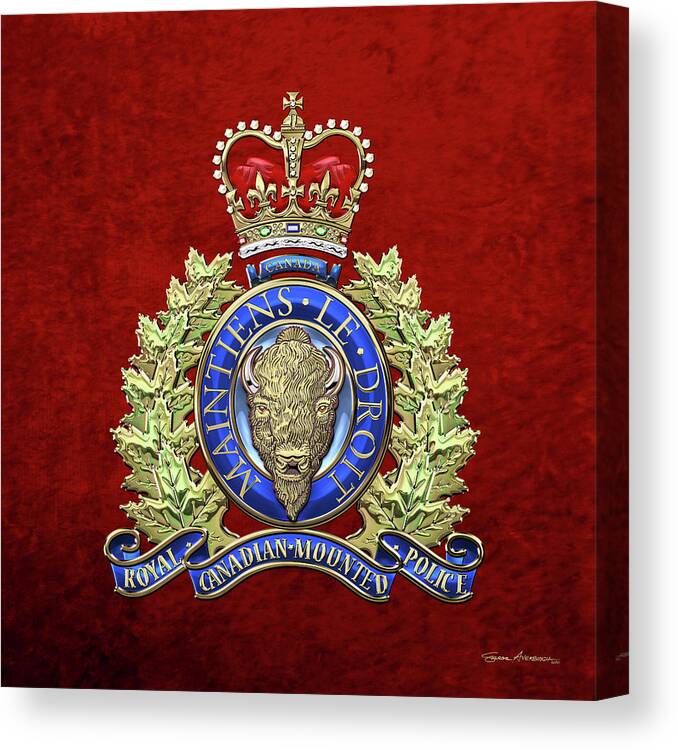 'insignia & Heraldry' Collection By Serge Averbukh Canvas Print featuring the digital art Royal Canadian Mounted Police - R C M P Badge over Red Velvet by Serge Averbukh