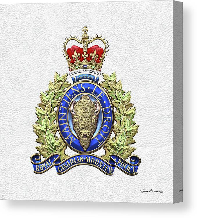 'insignia & Heraldry' Collection By Serge Averbukh Canvas Print featuring the digital art Royal Canadian Mounted Police - R C M P Badge over White Leather by Serge Averbukh