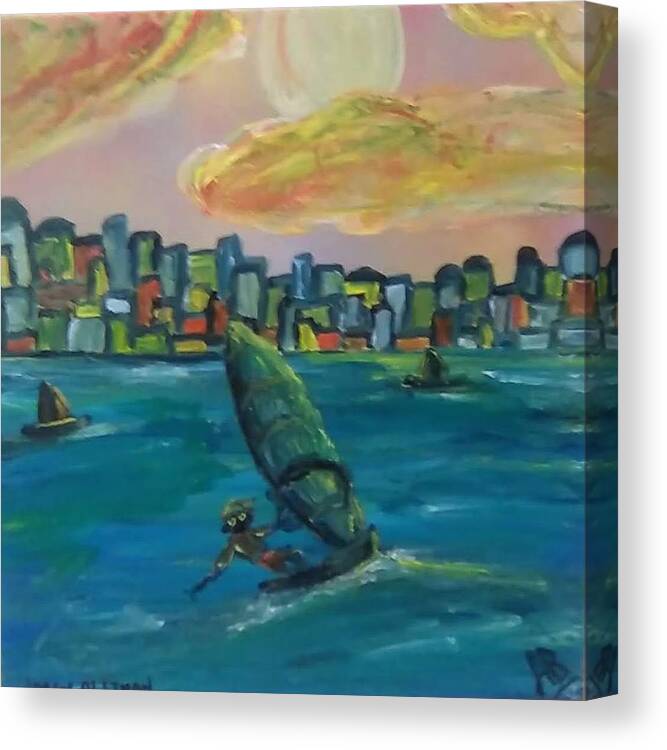 Sailboard Canvas Print featuring the painting Sailboard City by Andrew Blitman