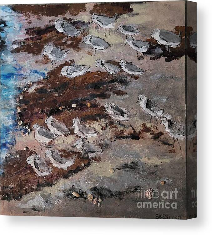  Canvas Print featuring the painting Sandpipers Awaiting Sunrise by Mark SanSouci