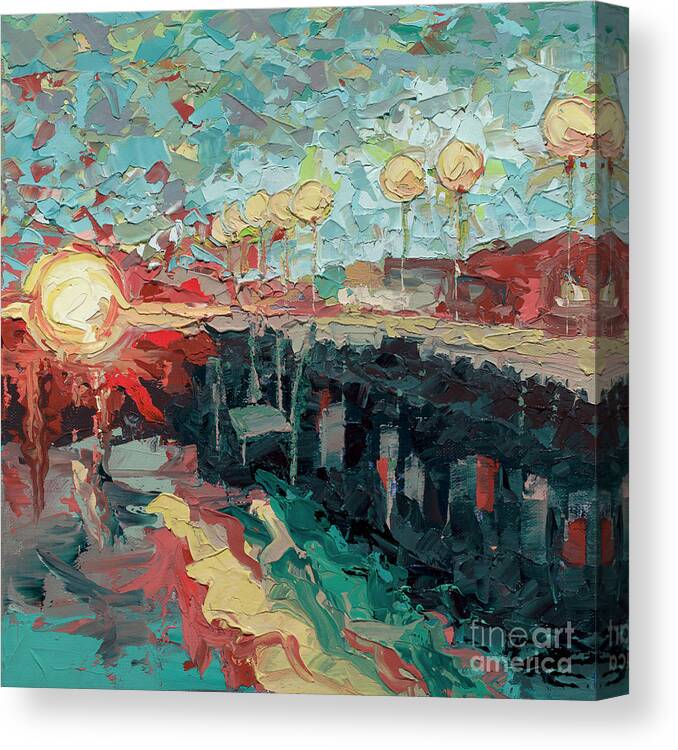 Sunset Canvas Print featuring the painting Santa Cruz Wharf Sunset by PJ Kirk