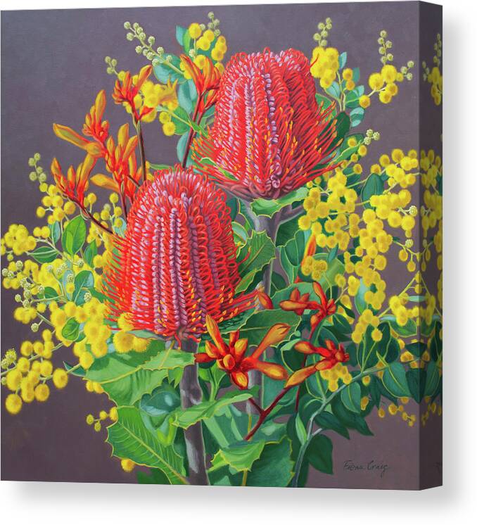 Australian Flora Canvas Print featuring the painting Scarlet Banksias and Wattle, 2 by Fiona Craig