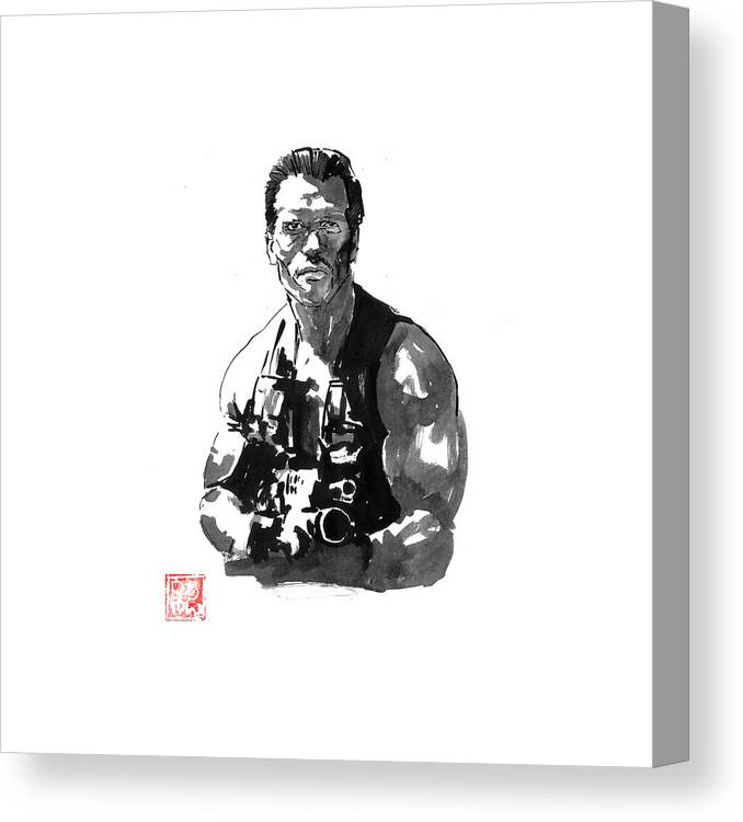 Sumie Canvas Print featuring the drawing Schwarzy In Predator by Pechane Sumie
