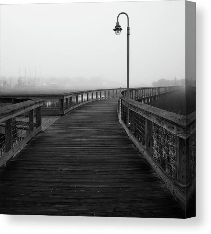 Shem Creek Canvas Print featuring the photograph Shem Creek Boardwalk Black and White by Donnie Whitaker